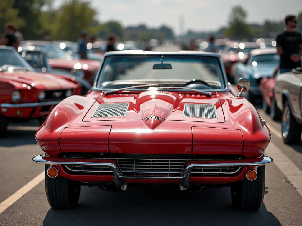 Red vintage Corvette at classic car show, front view with sleek design and glossy finish.