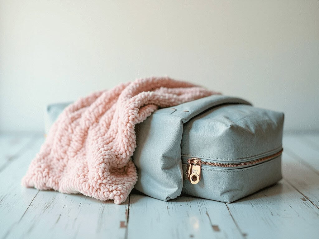 Travel essentials bag with cozy pink blanket for comfort and organization.