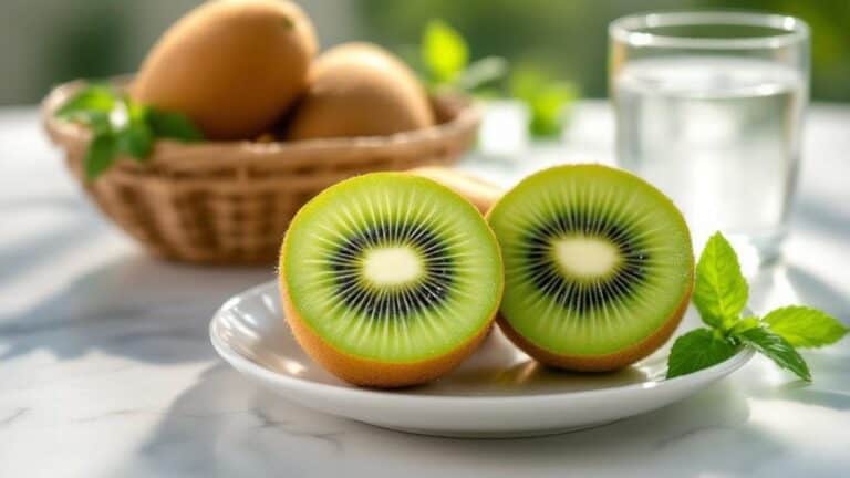 Fresh kiwi and brown eggs in a basket for healthy living.