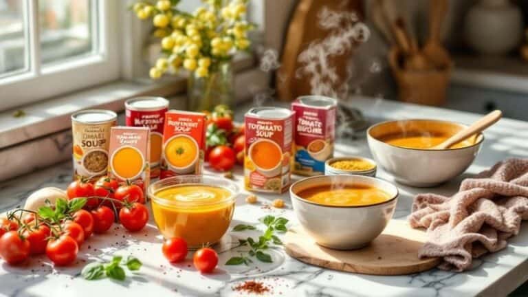 Canned tomato soup, fresh tomatoes, and herbs on a kitchen countertop.