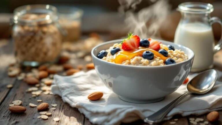 Creamy oatmeal with fresh strawberries and blueberries, served with milk and almonds for a nutritious breakfast.