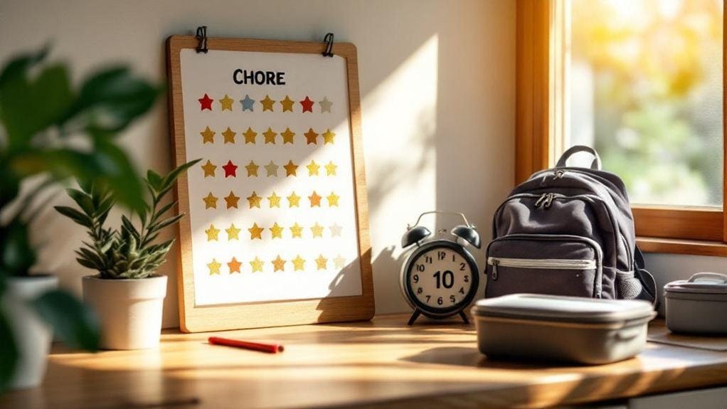 Chore chart on a desk with a backpack, clock, and plants in a cozy home setting.