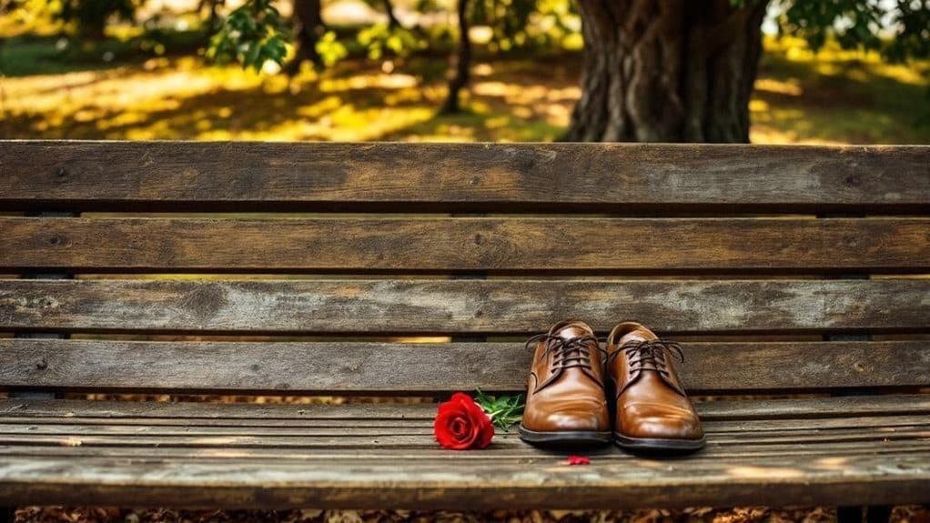 Elegant brown dress shoes and a red rose on a wooden park bench, symbolizing love and romance.