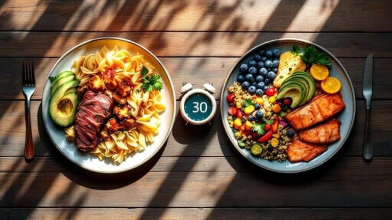 Fresh healthy meal with beef pasta and colorful fruit salad on rustic wooden table.