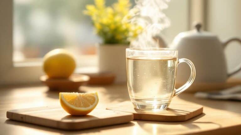 Bright morning tea with lemon, steam rising, relaxing home kitchen scene.