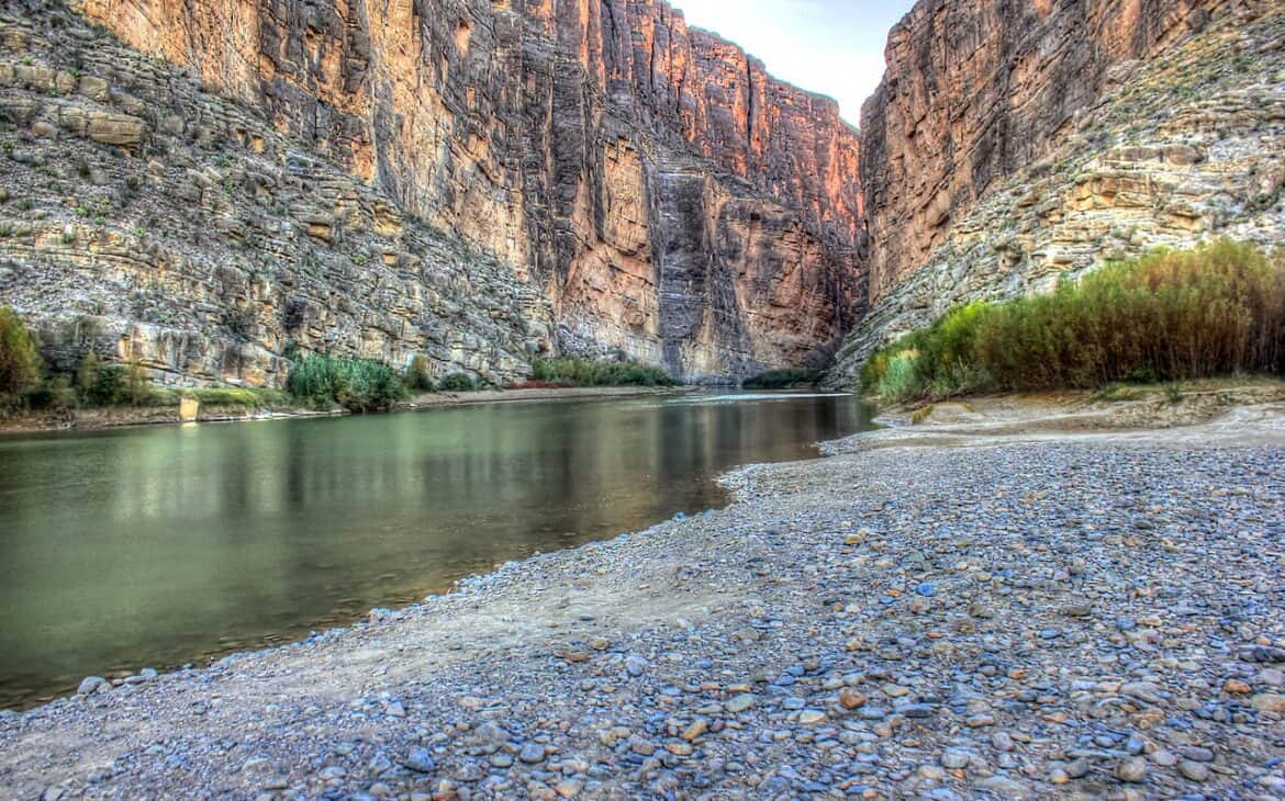 The Rio Grande flowing into Santa Elena Canyon at Big Bend National Park, Texas