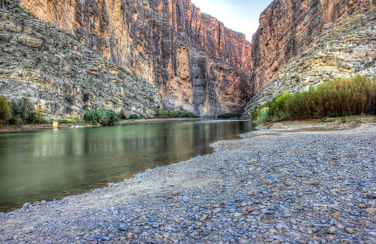 The Rio Grande flowing into Santa Elena Canyon at Big Bend National Park, Texas