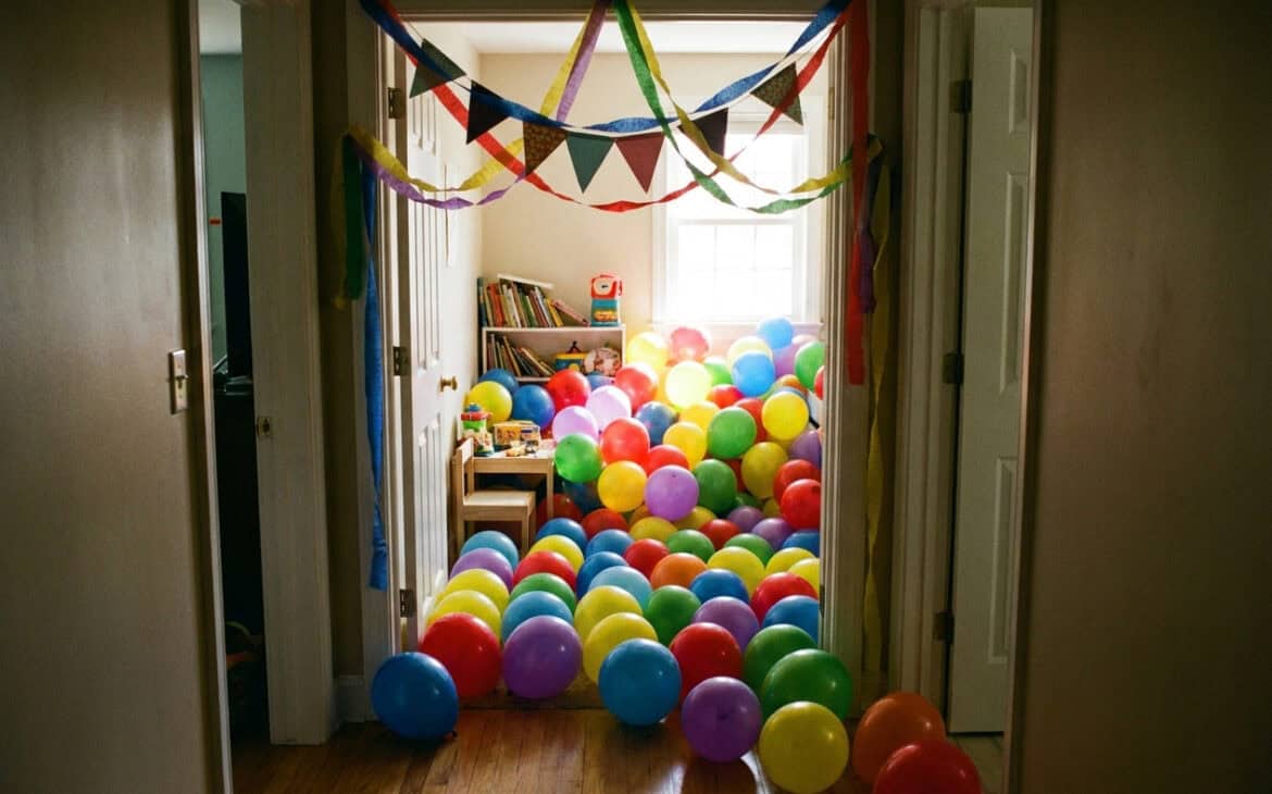 A childs bedroom doorway filled with birthday balloons