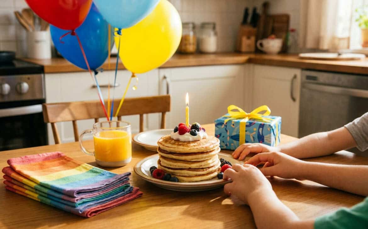 A festive birthday breakfast with pancakes, a candle, balloons and a gift