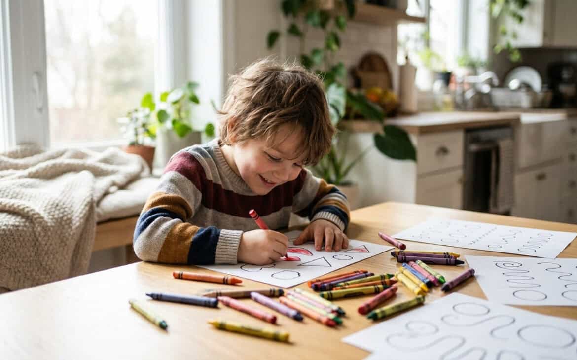 Young child coloring a printable activity sheet with crayons at a kitchen table