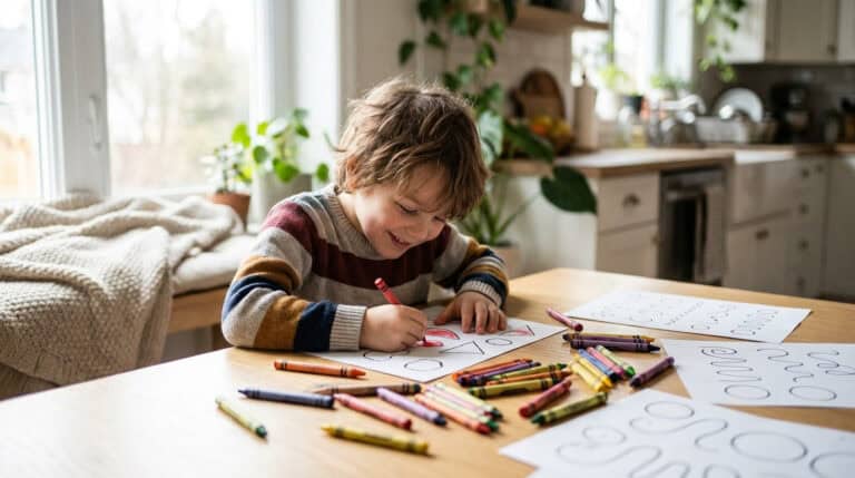 Young child coloring a printable activity sheet with crayons at a kitchen table