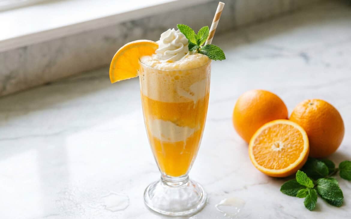 A classic orange float in a tall glass with vanilla ice cream, whipped cream and an orange slice