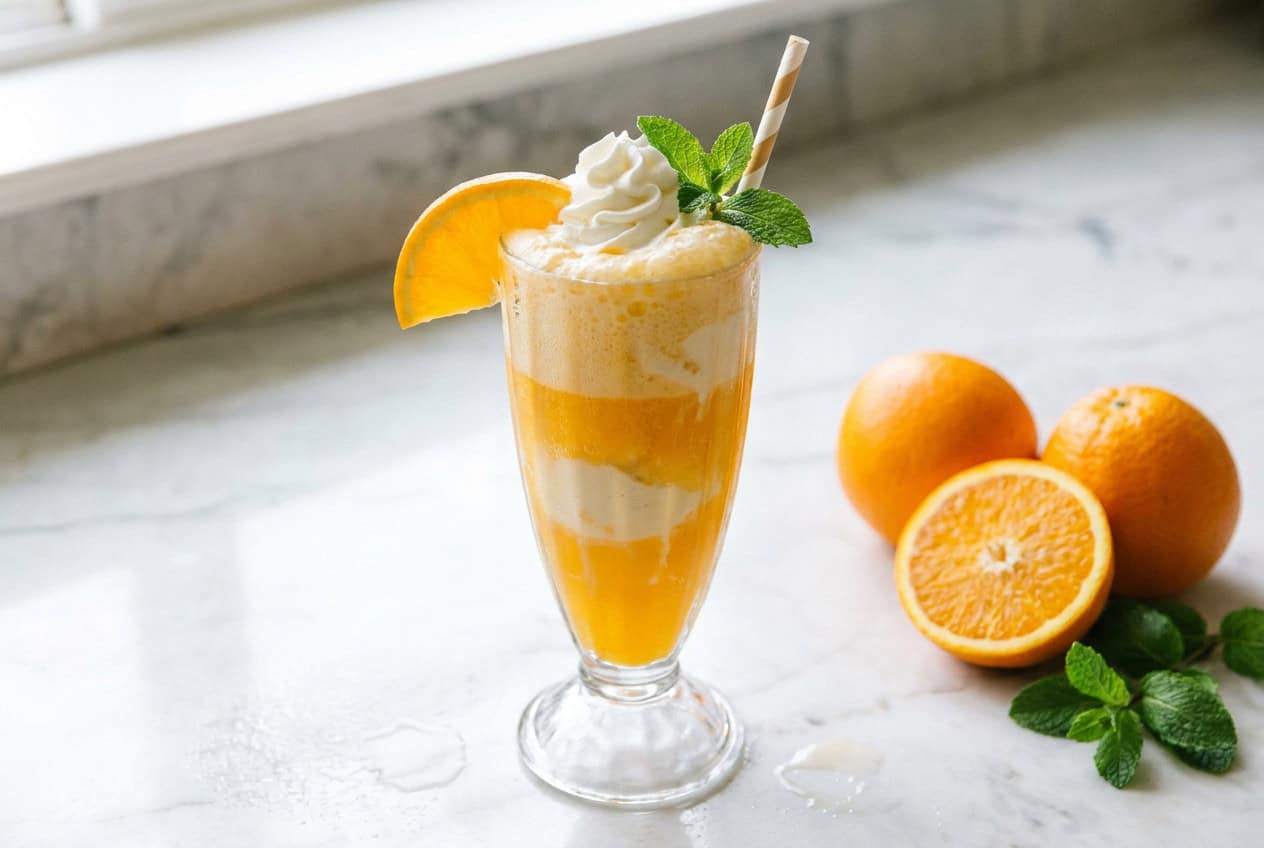 A classic orange float in a tall glass with vanilla ice cream, whipped cream and an orange slice