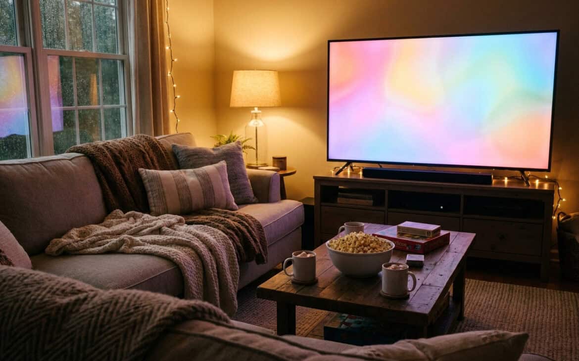 A cozy living room set up for family movie night with a glowing TV, blankets and popcorn