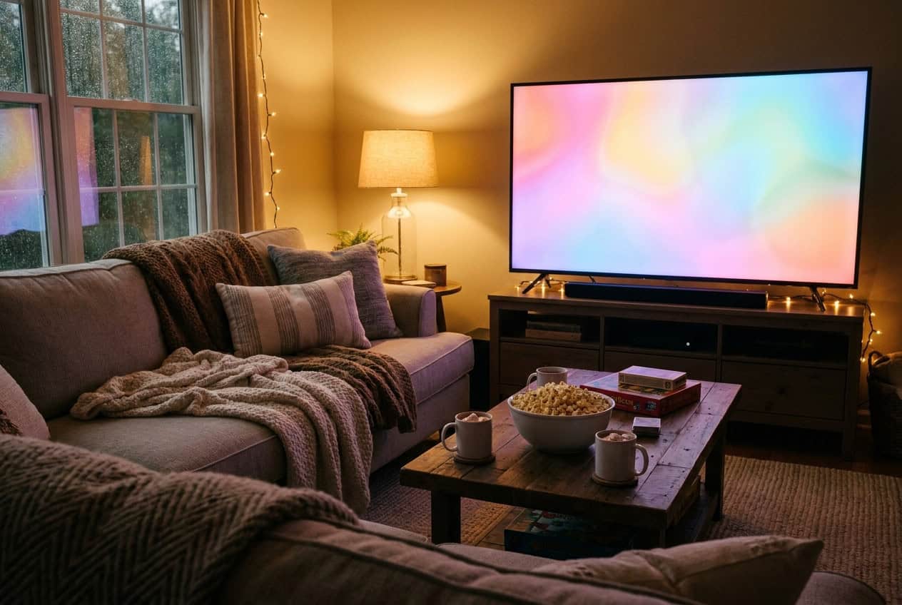 A cozy living room set up for family movie night with a glowing TV, blankets and popcorn
