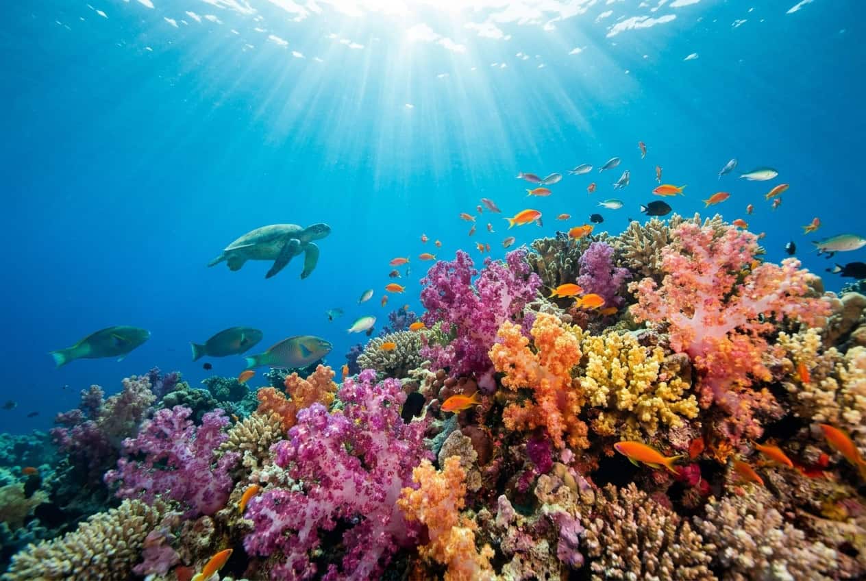 A colorful South Pacific coral reef with tropical fish and a sea turtle
