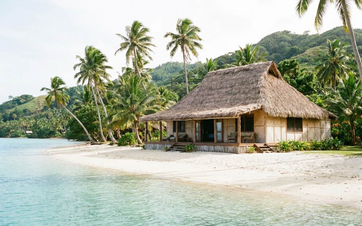 A traditional thatched-roof Fijian bure cottage on a white-sand beach by a turquoise lagoon