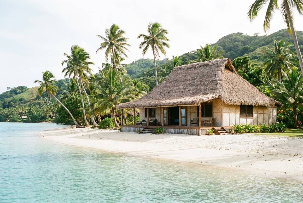 A traditional thatched-roof Fijian bure cottage on a white-sand beach by a turquoise lagoon