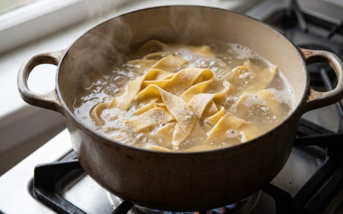 Fresh pasta cooking in a pot of boiling water