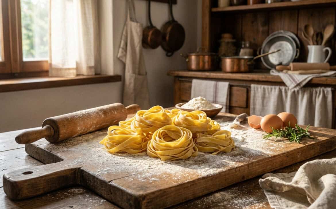 Fresh tagliatelle pasta nests on a floured wooden board