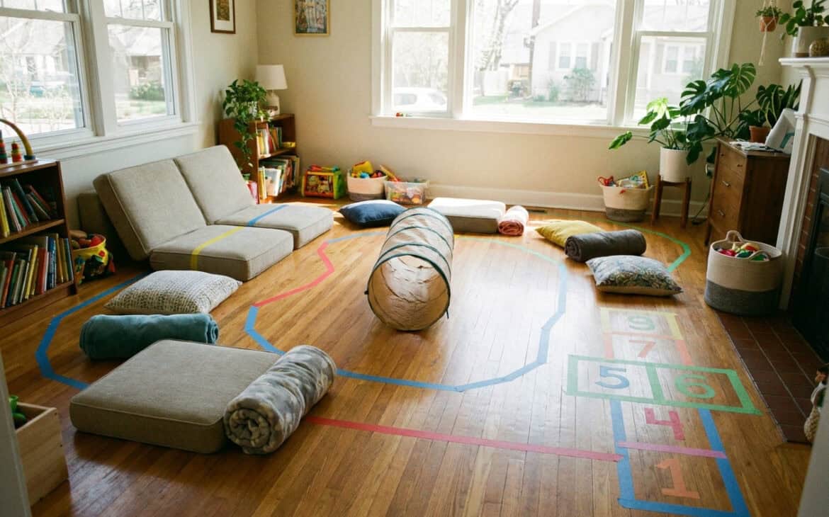 An indoor obstacle course of cushions and painter-tape lines on the floor