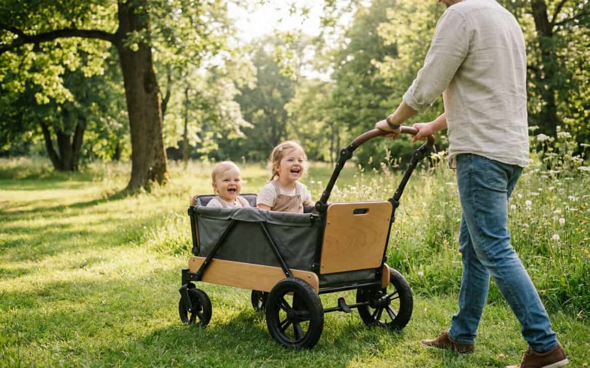A parent pushing a stroller wagon with two toddlers at a park