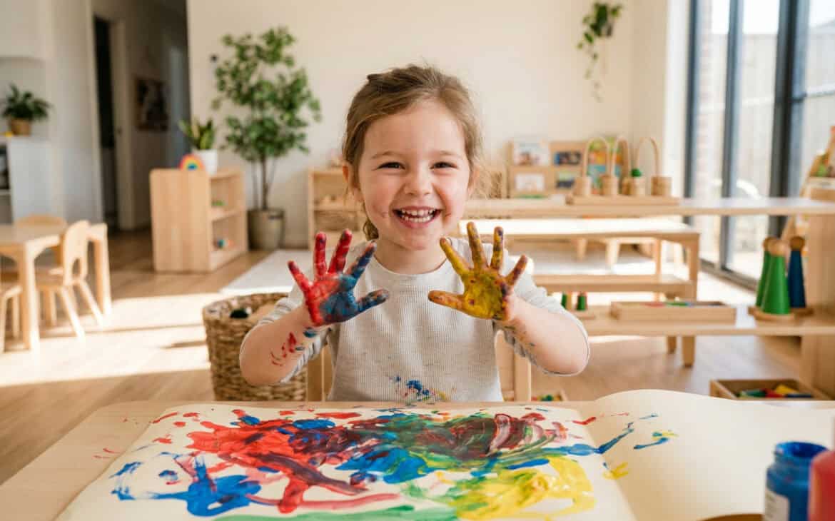 A happy preschooler showing off paint-covered hands during a finger-painting activity