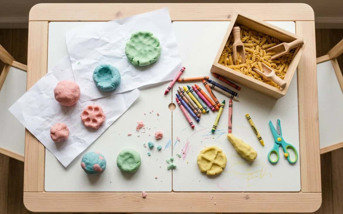 A rainy-day craft table with playdough, crayons and a sensory bin