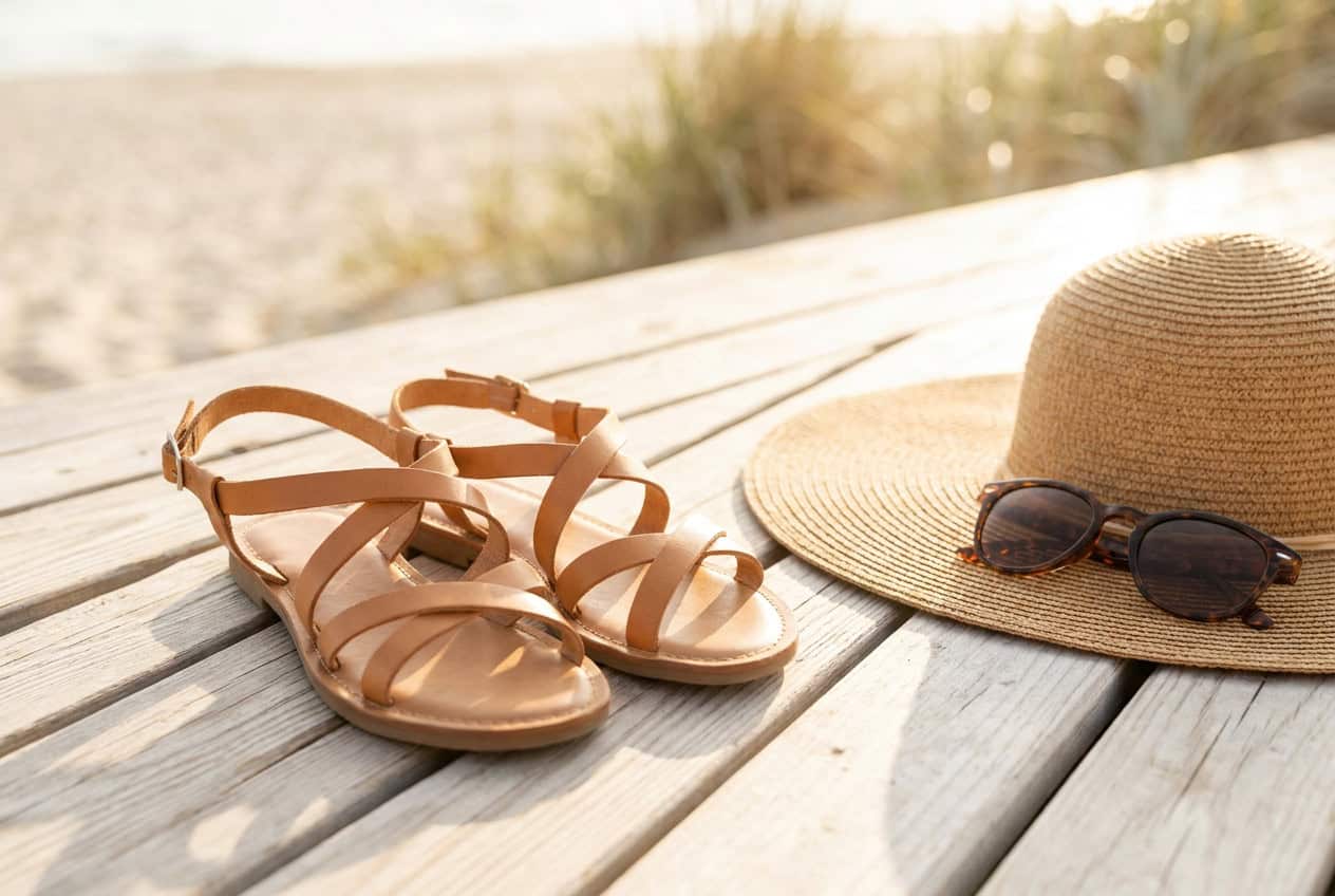 Tan leather strappy summer sandals on a wooden deck with a straw hat and sunglasses