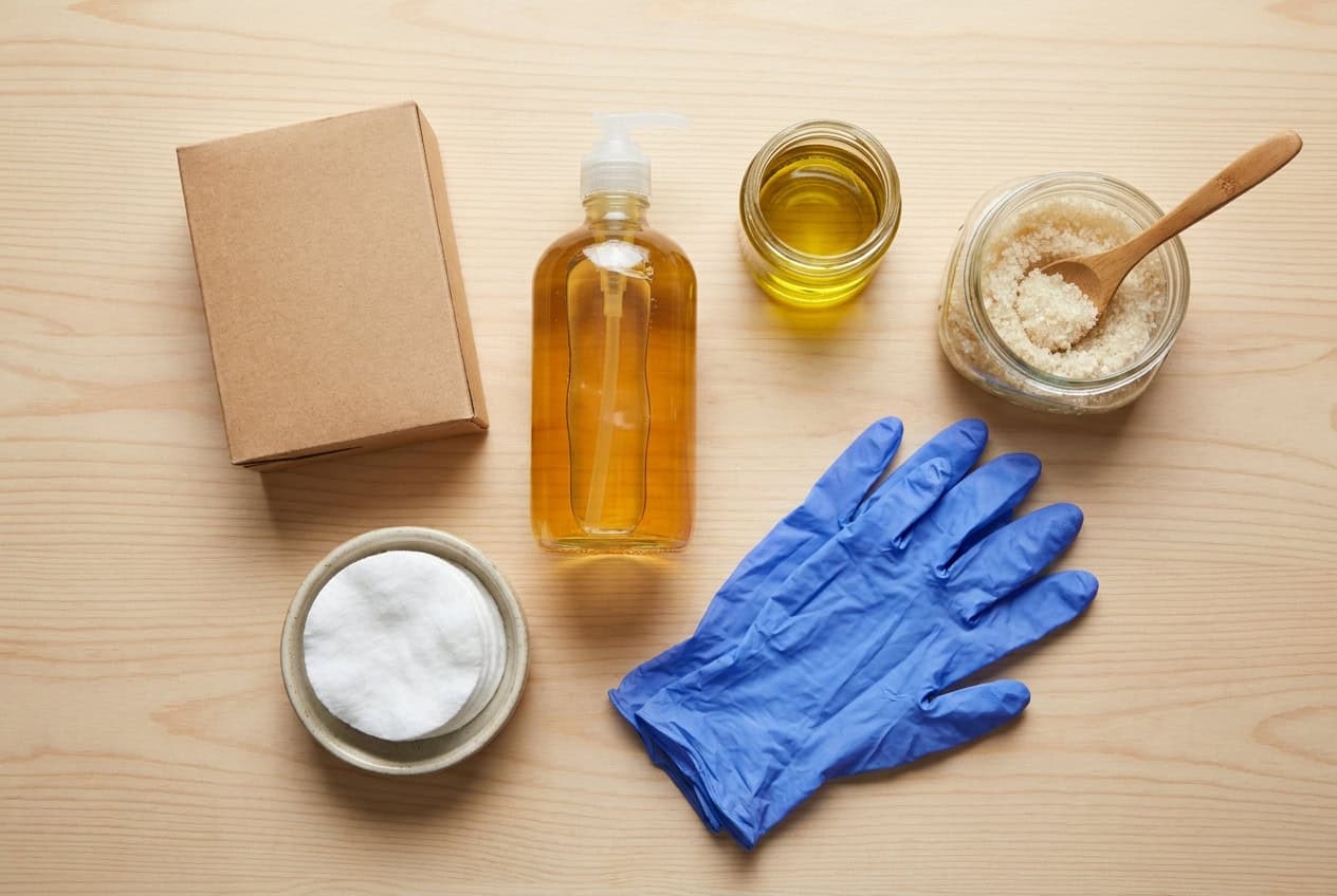 Tie-dye cleanup supplies: baking soda, dish soap, oil, sugar scrub and gloves