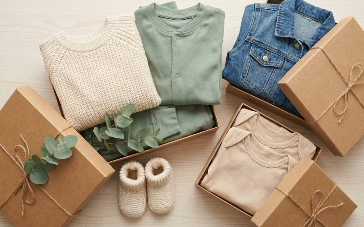 A flat-lay of folded toddler clothing gifts — knit sweater, denim jacket and booties — in kraft gift boxes