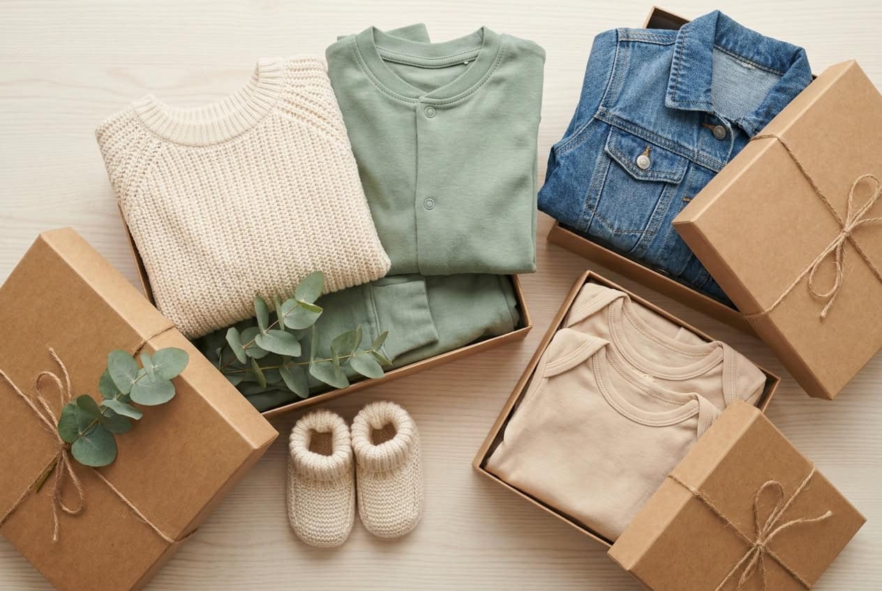 A flat-lay of folded toddler clothing gifts — knit sweater, denim jacket and booties — in kraft gift boxes