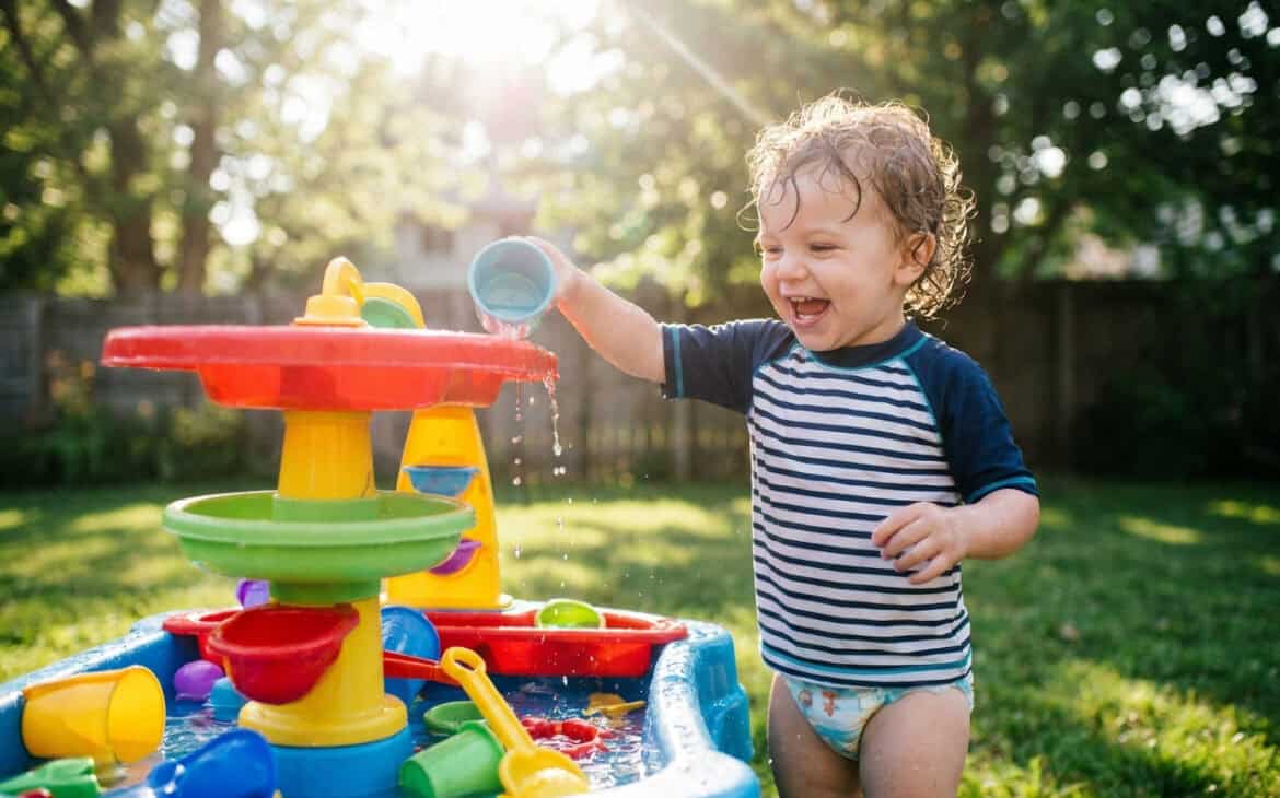 A toddler playing at a colorful outdoor water table