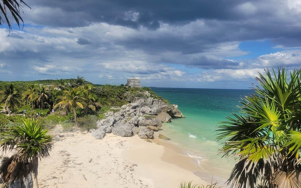Maya ruins above the beach at Tulum, Mexico