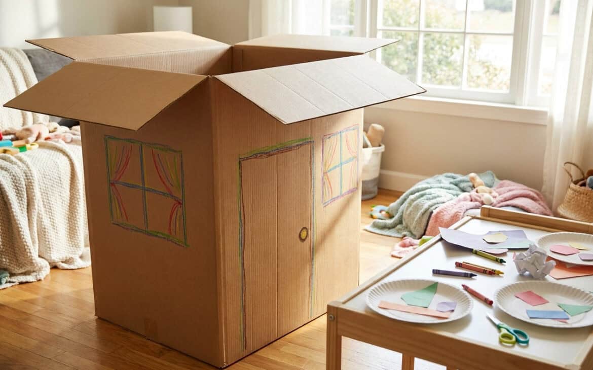 A cardboard box turned into a childs playhouse with crayon-drawn windows