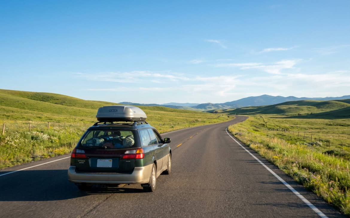 A car with a rooftop carrier on a scenic open highway