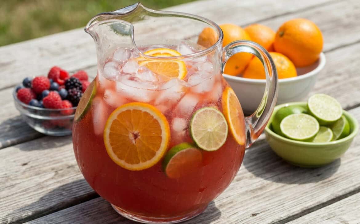 A glass pitcher of fruit punch with orange and lime slices and ice