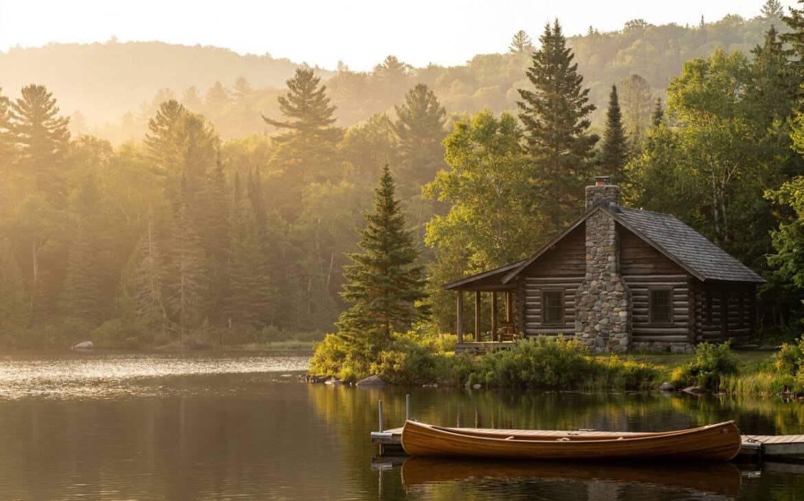 A lakeside cabin beside a calm lake and forested hills