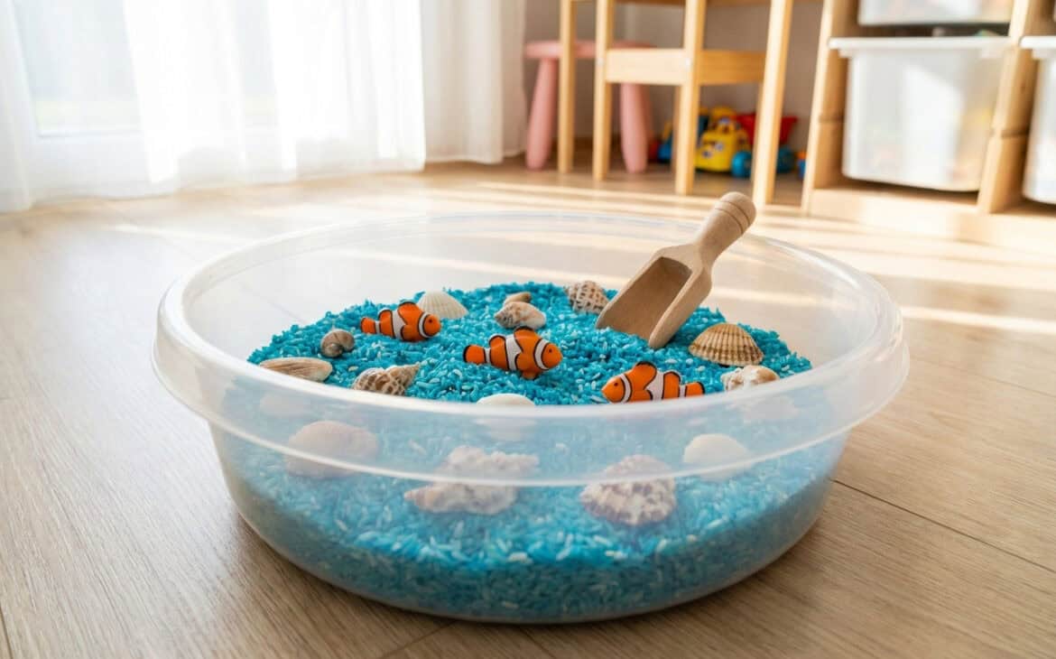 An ocean-themed sensory bin with blue rice, toy fish and seashells