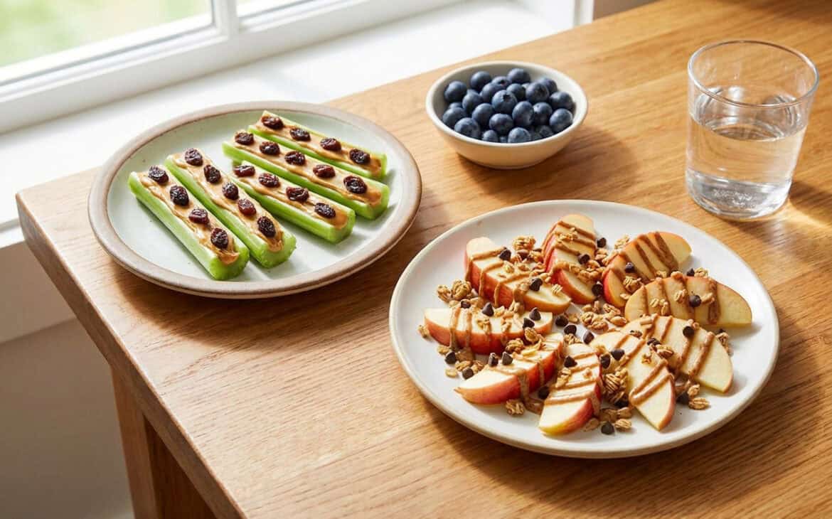 Ants on a log and apple nachos, fun healthy kids snacks