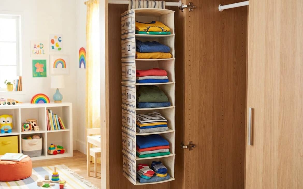 A hanging day-of-week closet organizer with outfits for each weekday