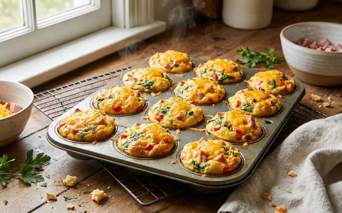 A muffin tin of baked egg muffins with cheese and vegetables