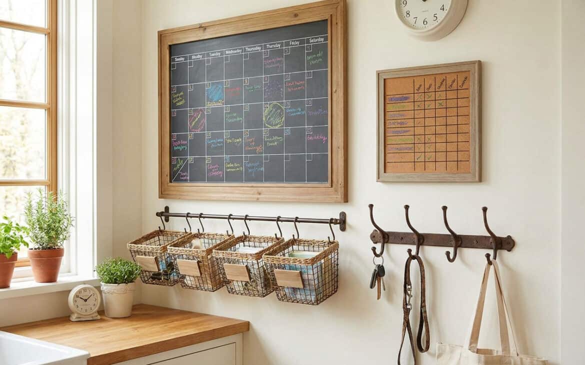 A family command center with a wall calendar and labeled baskets