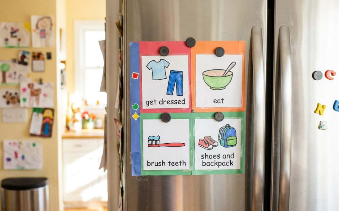 A kids visual morning routine chart with picture icons