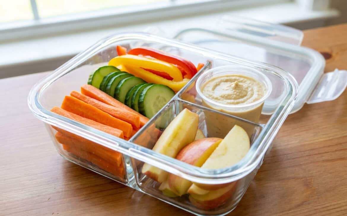 Cut fruit and vegetables packed with a cup of hummus