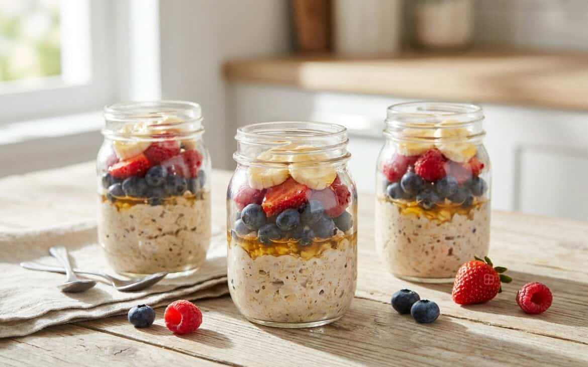 Glass jars of overnight oats topped with berries and banana