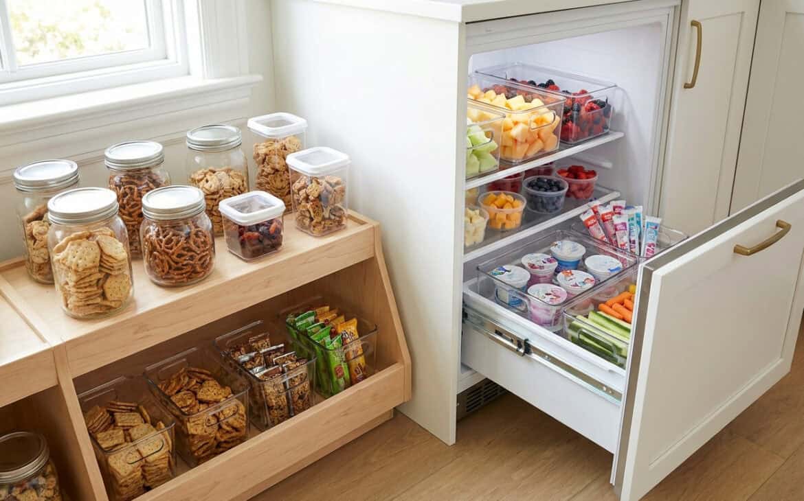 A kids self-serve snack station with pre-portioned snacks in clear containers